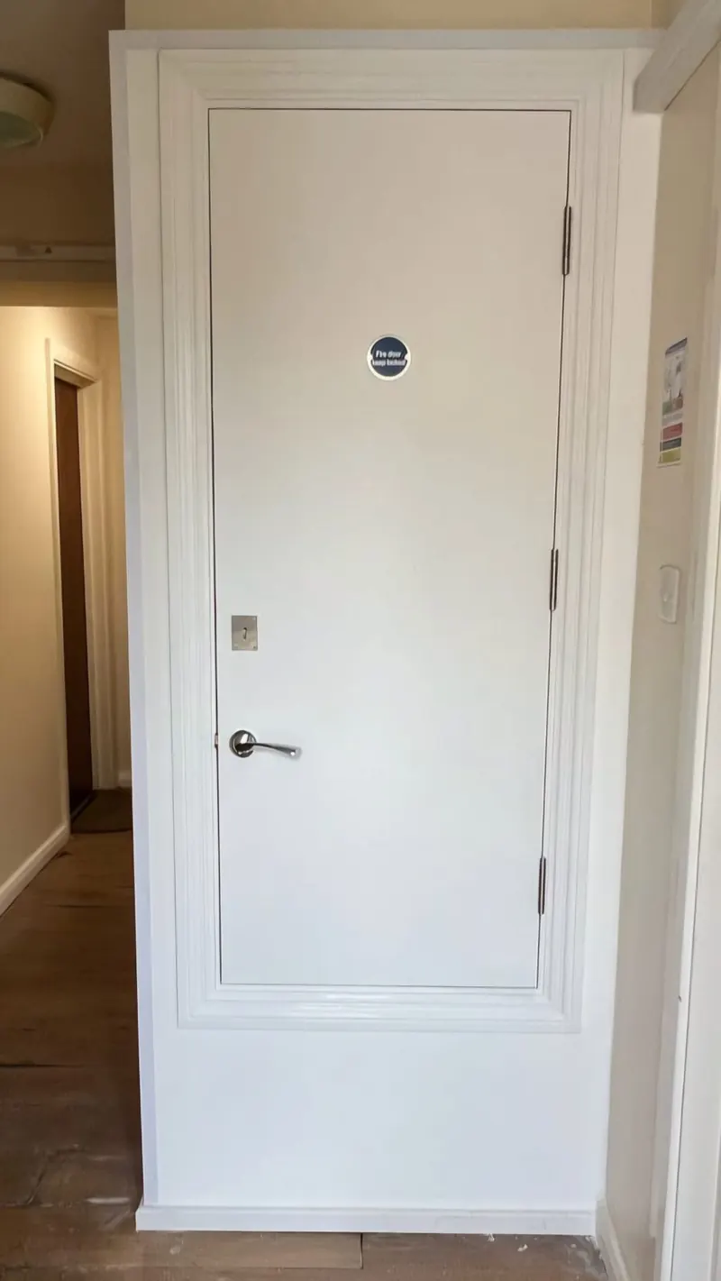 Fire door in a communal hallway